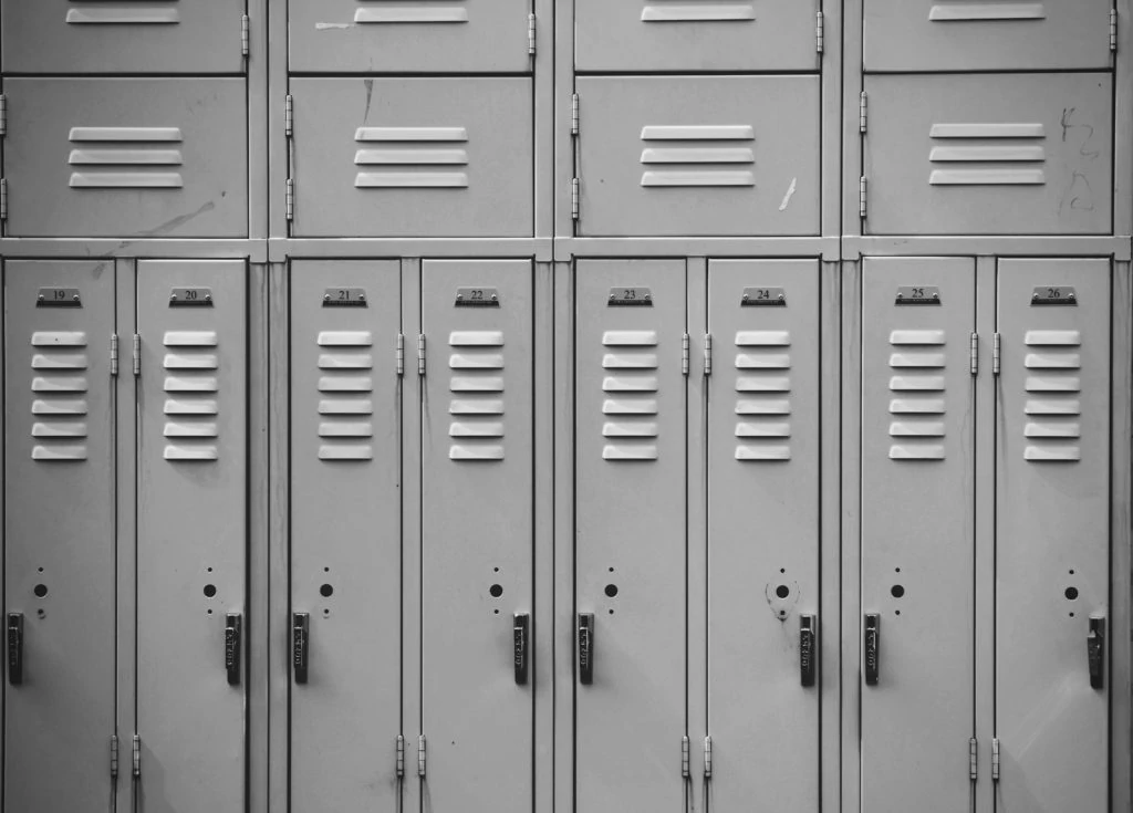 Black and white image of a high school locker
