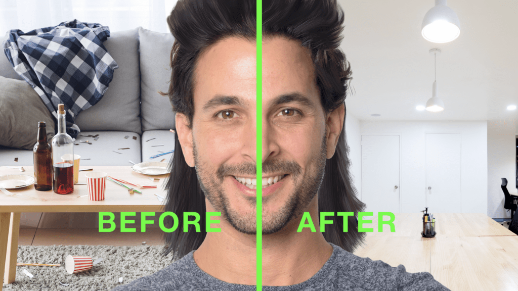 Guy with split background of green screen showing before and after